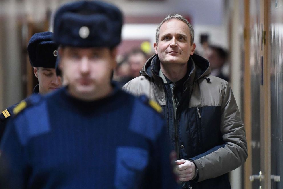 PHOTO: Dennis Christensen is escorted inside a courthouse following his sentencing in the town of Oryol, Russia, Feb.  6, 2019.