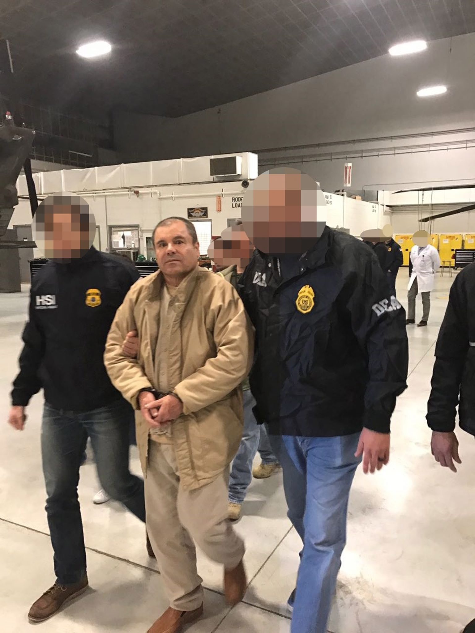 PHOTO: A handout photo made available by the Mexican Secretariat of the Interior (SEGOB) on Jan. 20, 2017 shows Mexican drug trafficker Joaquin "El Chapo" Guzman arriving in Long Island, from Ciudad Juarez, Mexico, Jan. 19, 2017. 