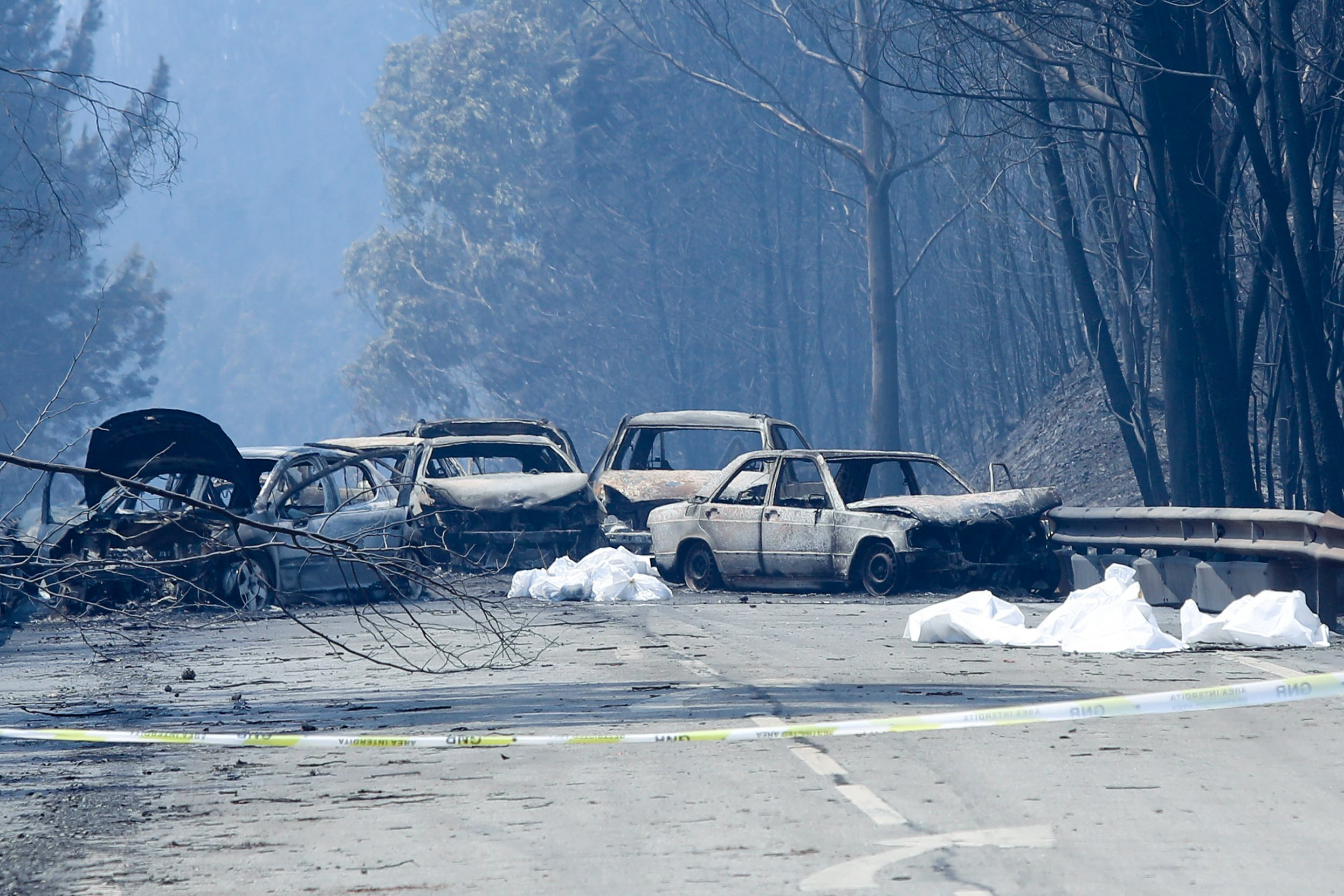 PHOTO: Burnt cars and body bags are seen on the N236 road between Figueiro dos Vinhos and Castanheira de Pera, near Pedrogao Grande, central Portugal, June 18, 2017.