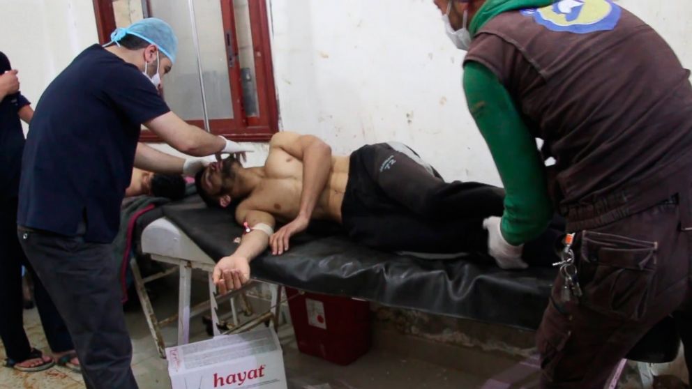 PHOTO: A video grabbed still image shows Syrian people receiving treatment after an alleged chemical attack at a field hospital in Saraqib, Idlib province, Syria, April 4, 2017.