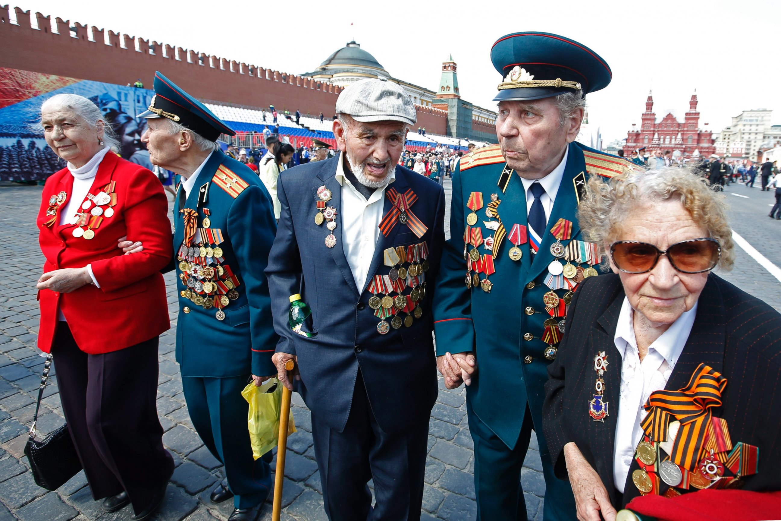 PHOTO: Russian veterans leave after a military parade on Red Square in Moscow, May 9,2016. Russia celebrated the 71st anniversary of the victory over Germany in the World War II. 