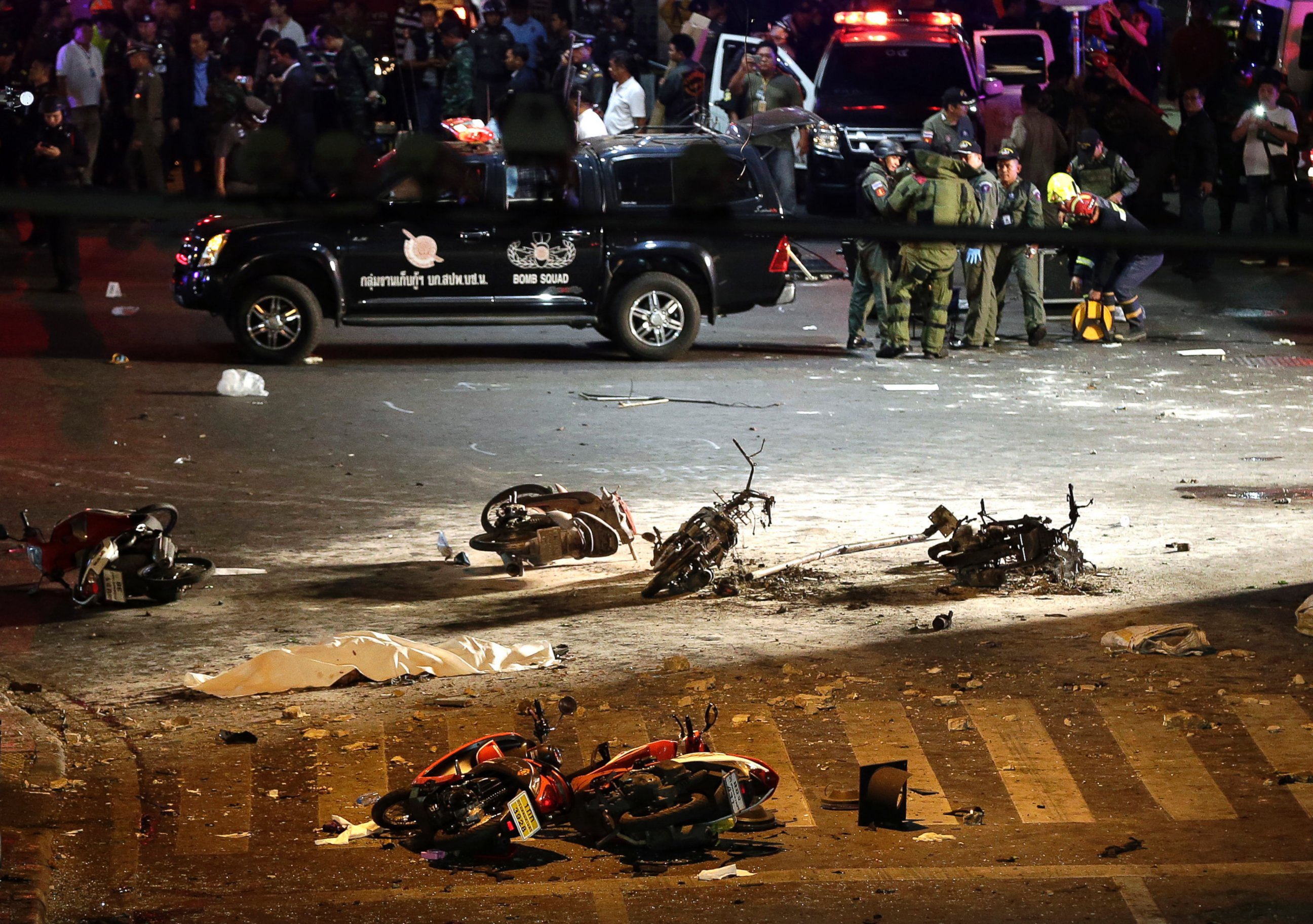 PHOTO: Motorcycles lie on the street at the scene of a bomb attack near Erawan Shrine, central Bangkok, Thailand, Aug. 17, 2015.