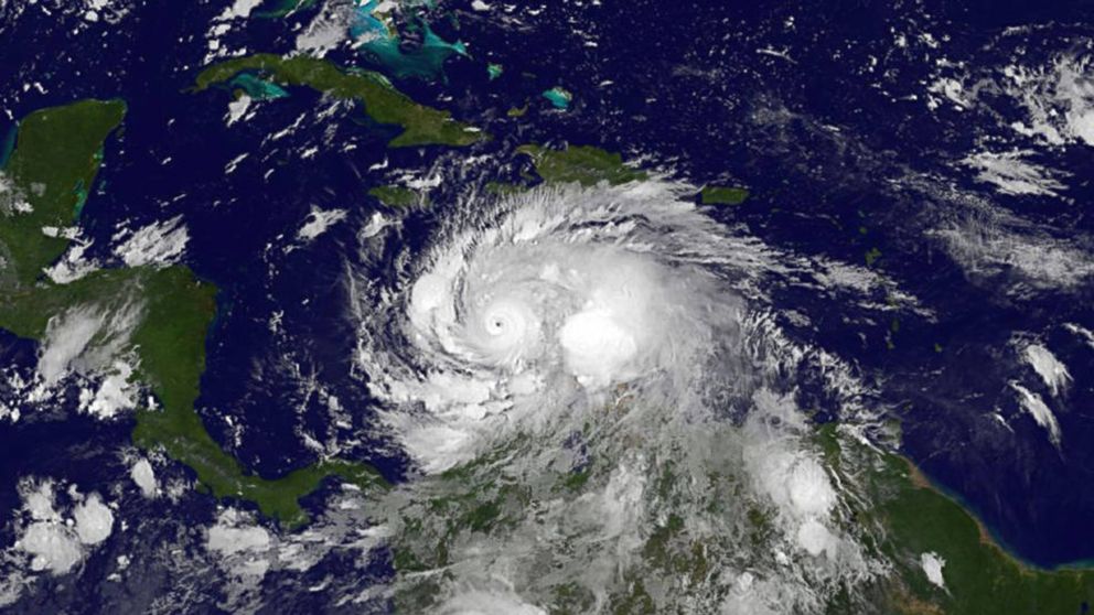PHOTO: A handout satellite image made available on Oct. 3, 2016, by the National Oceanic and Atmospheric Administration shows Hurricane Matthew.