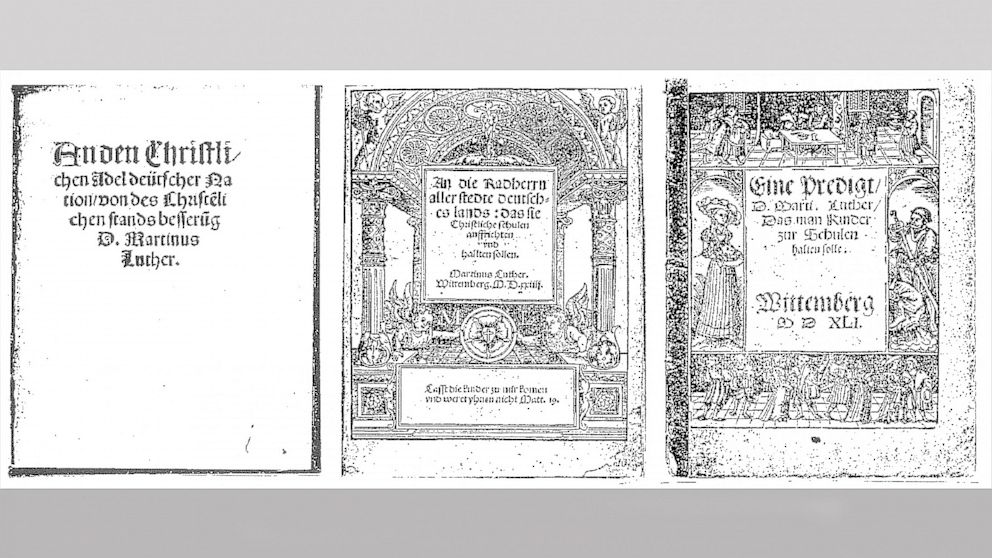 An undated composite handout photo shows leaflets of reformer Martin Luther (L-R) 'An den Christlichen Adel deutscher Nation' ('To the Christian nobles of German nation') (1520), 'An die Radherrn aller stedte' ('To the councilmen of all cities') (1524) and a sermon to send children to school (1530) from the Luther-Haus in Eisenach, Germany.