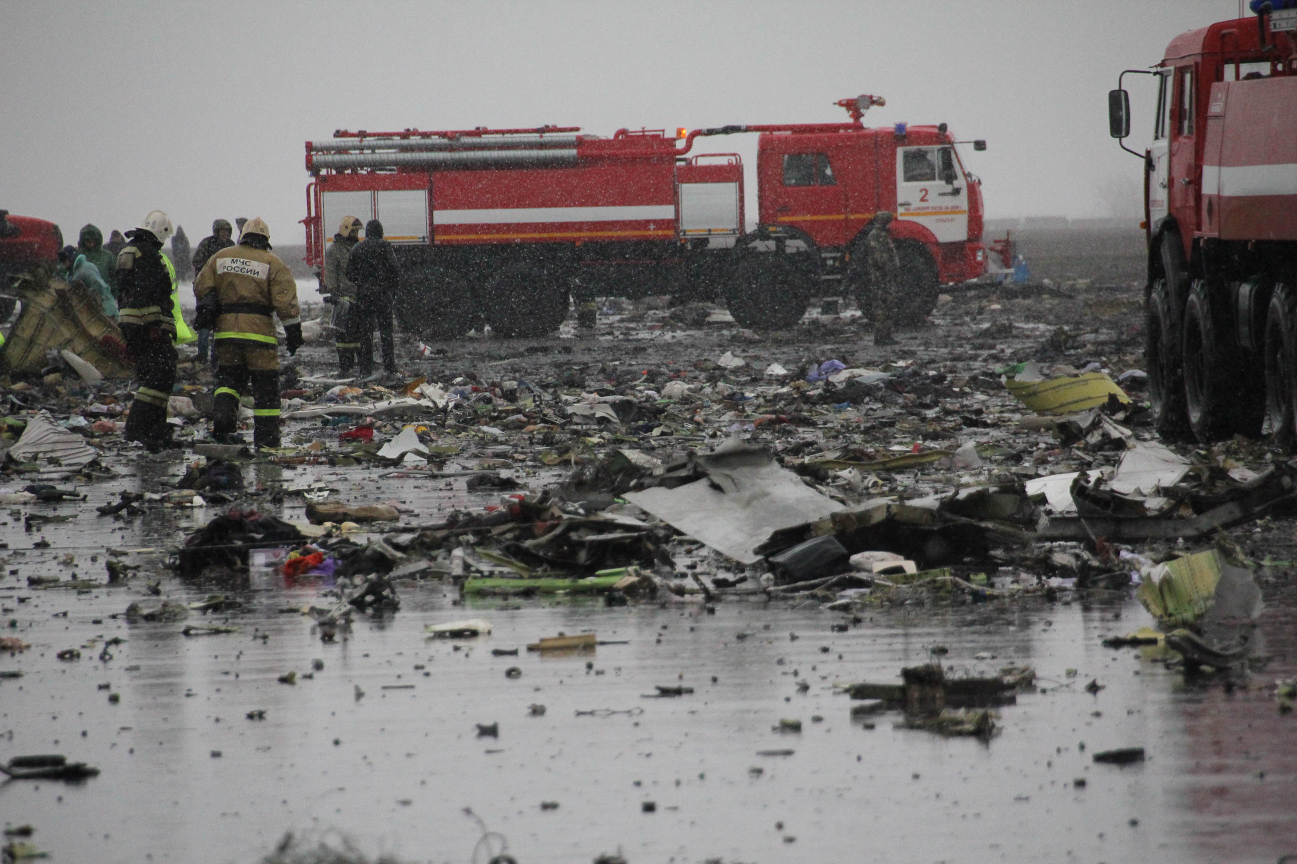 PHOTO: A handout picture released by the Russian Emergency Ministry shows debris of a Boeing 737 of flydubai low-cost carrier, which crashed on the runway of Rostov-on-Don airport, Russia,  March 19, 2016. 