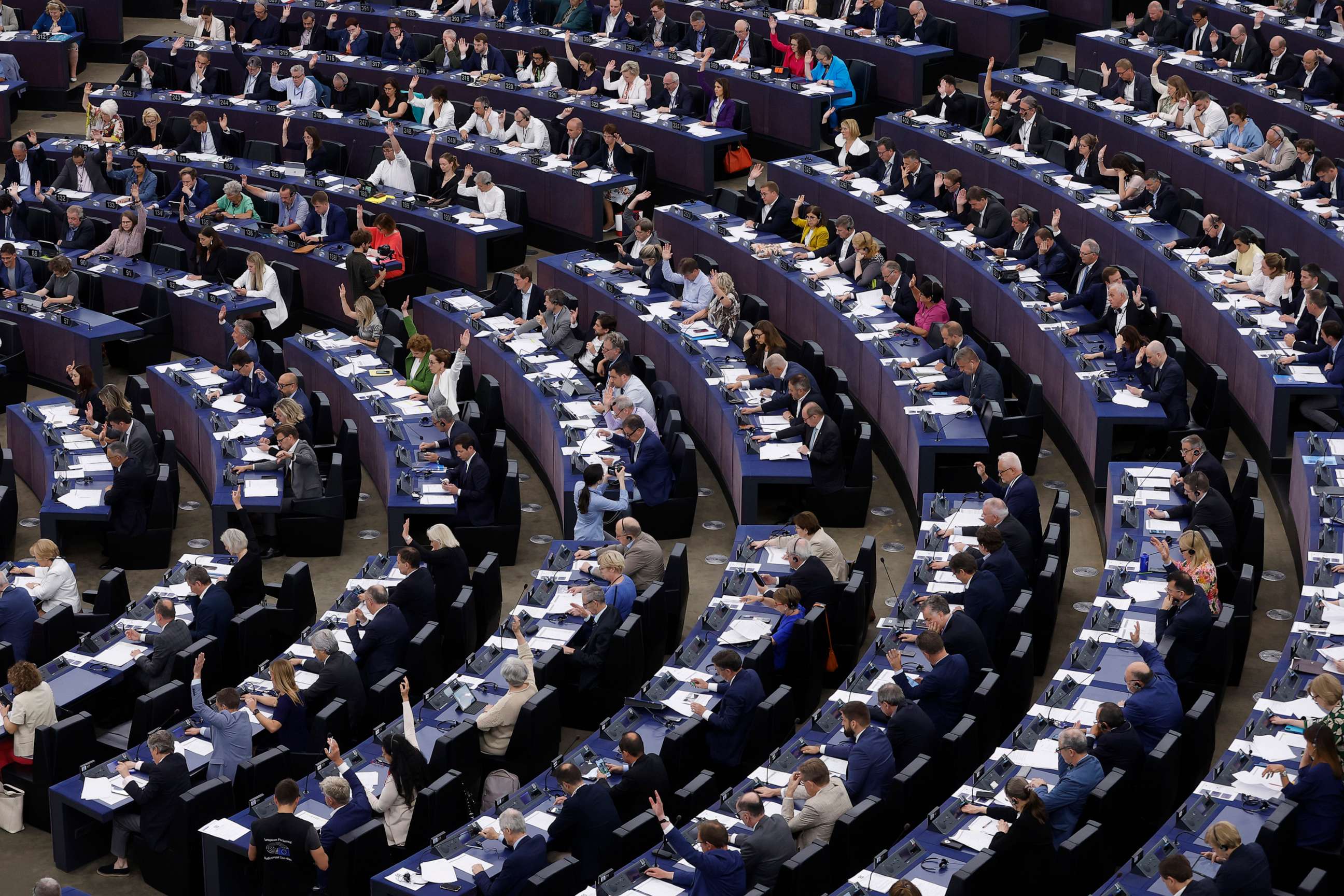 PHOTO: Lawmakers vote on the Artificial Intelligence act, June 14, 2023, at the European Parliament in Strasbourg, eastern France.