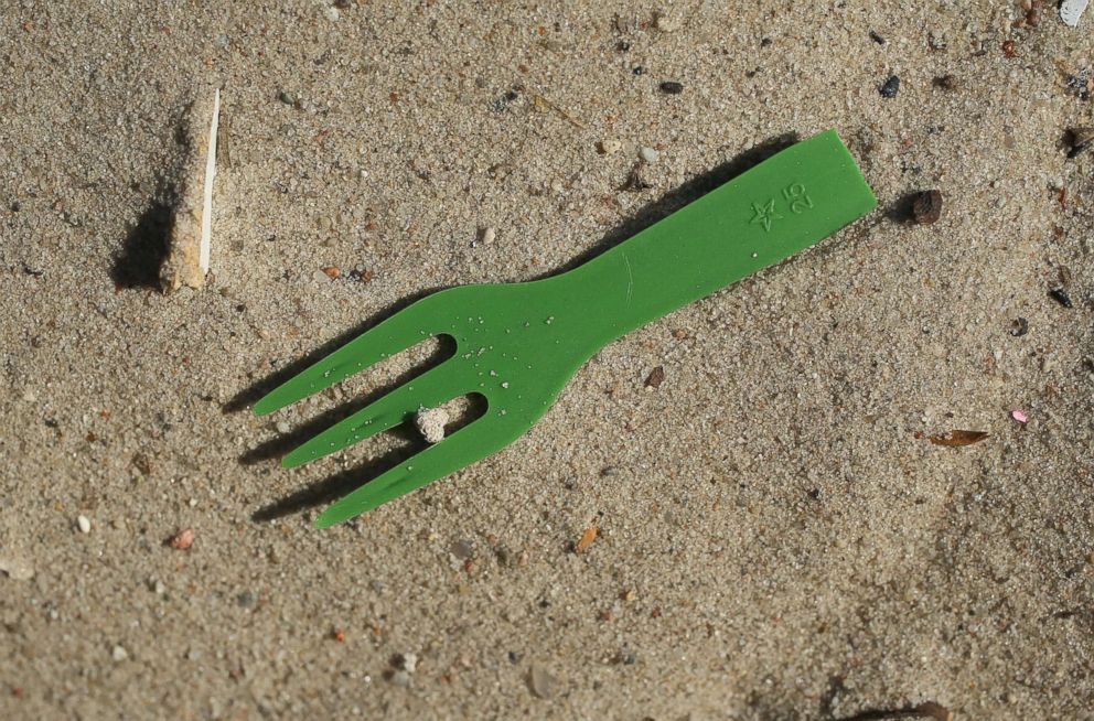 PHOTO: A plastic fork lies on a beach along the Spree River in the city center on May 29, 2018 in Berlin, Germany. Europe is struggling to combat plastics pollution in its waterways and seas. 
