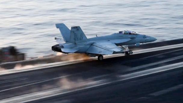 This image taken from video provided by the U.S. Navy shows an aircraft launching from the USS Harry S. Truman in the Red Sea before airstrikes in Sanaa, Yemen, on March 15, 2025.