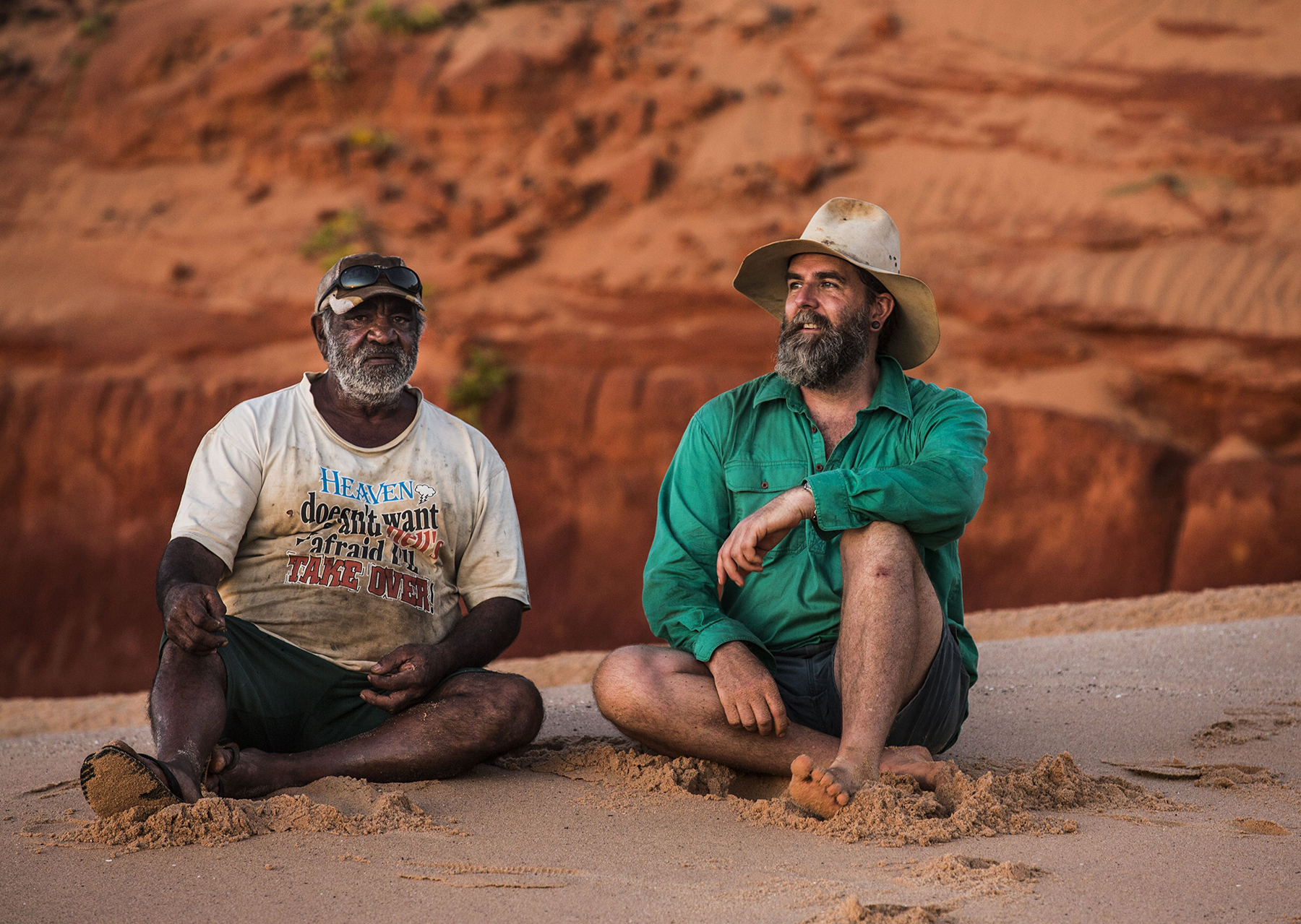 PHOTO: Phillip Roe, left, and Dr Steve Salisbury whose team discovered the world's largest dinosaur footprint in Lower Cretaceous rocks of the Broome Sandstone at James Price Point, traditionally known as Walmadany.