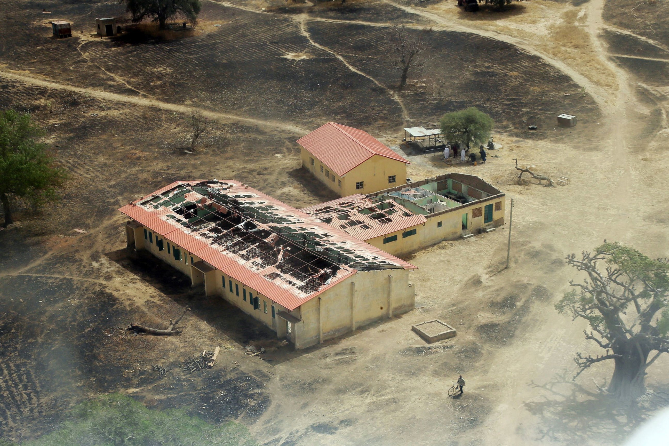 PHOTO: An arial view of the burnt-out classrooms of a school in Chibok, in Northeastern Nigeria, from where Boko Haram Islamist fighters seized 276 teenagers on the evening of April 14, 2014.  