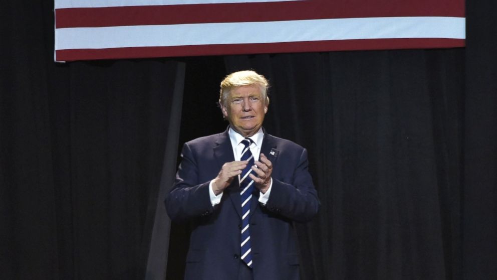 Republican presidential nominee Donald Trump arrives for the final rally of his 2016 presidential campaign at Devos Place in Grand Rapids, Michigan, on Nov. 7, 2016.