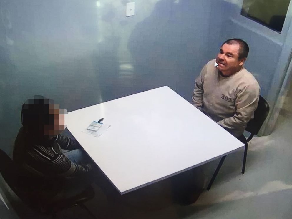 PHOTO: Joaquin Guzman Loera aka El Chapo Guzman (R) sitting in a chair as he is extradited to the United States on Jan. 19, 2017, in an unknown location.