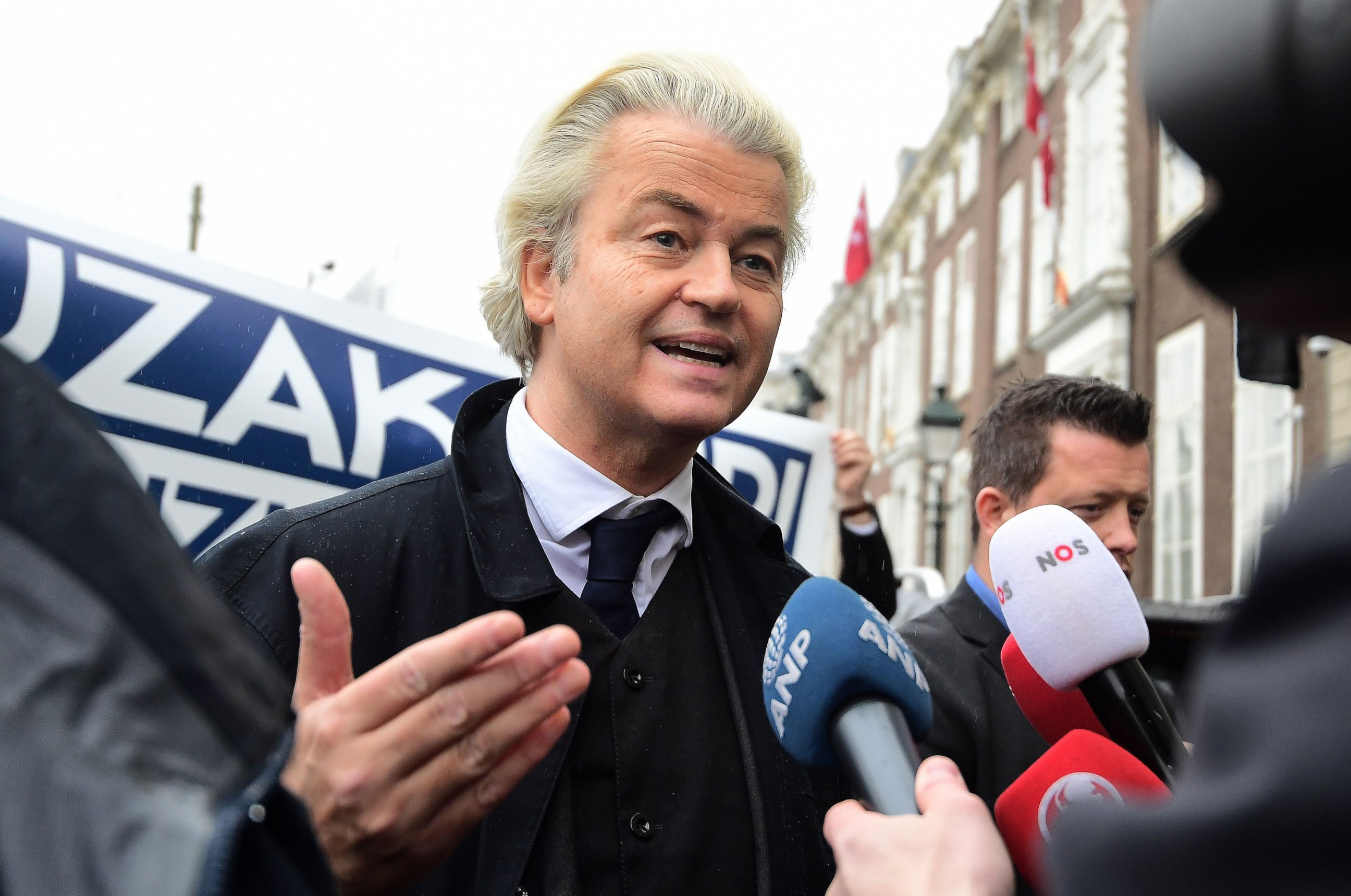 PHOTO: Dutch far-right Freedom Party leader (Partij Voor De Vrijheid, PVV) Geert Wilders speaks to journalists during a protest in front of the Turkish embassy at The Hague, The Netherlands, on March 8, 2017. 
