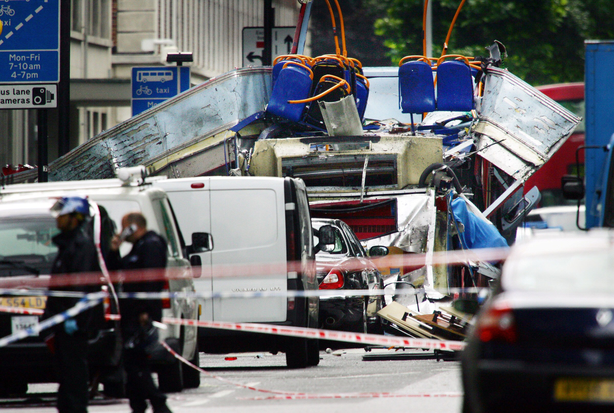 PHOTO: The remains of a double-decker bus after a bomb exploded in Woburn Place and Tavistock Square in London, July 7, 2005. Explosions ripped through three underground trains and a bus in London in a wave of "terrorist attacks." 