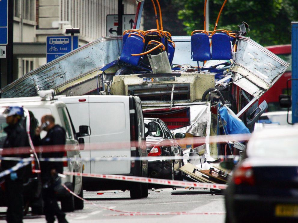PHOTO: The remains of a double-decker bus after a bomb exploded in Woburn Place and Tavistock Square in London, July 7, 2005. Explosions ripped through three underground trains and a bus in London in a wave of terrorist attacks.