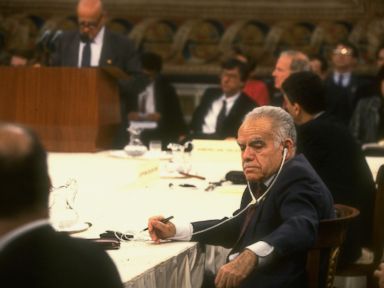 PHOTO: Israeli Prime Minister Yitzhak Shamir, foreground, among conferees listening to Palestinian delegation head Haidar Abdel Shafi address the Middle East peace conference at the Madrid conference.
