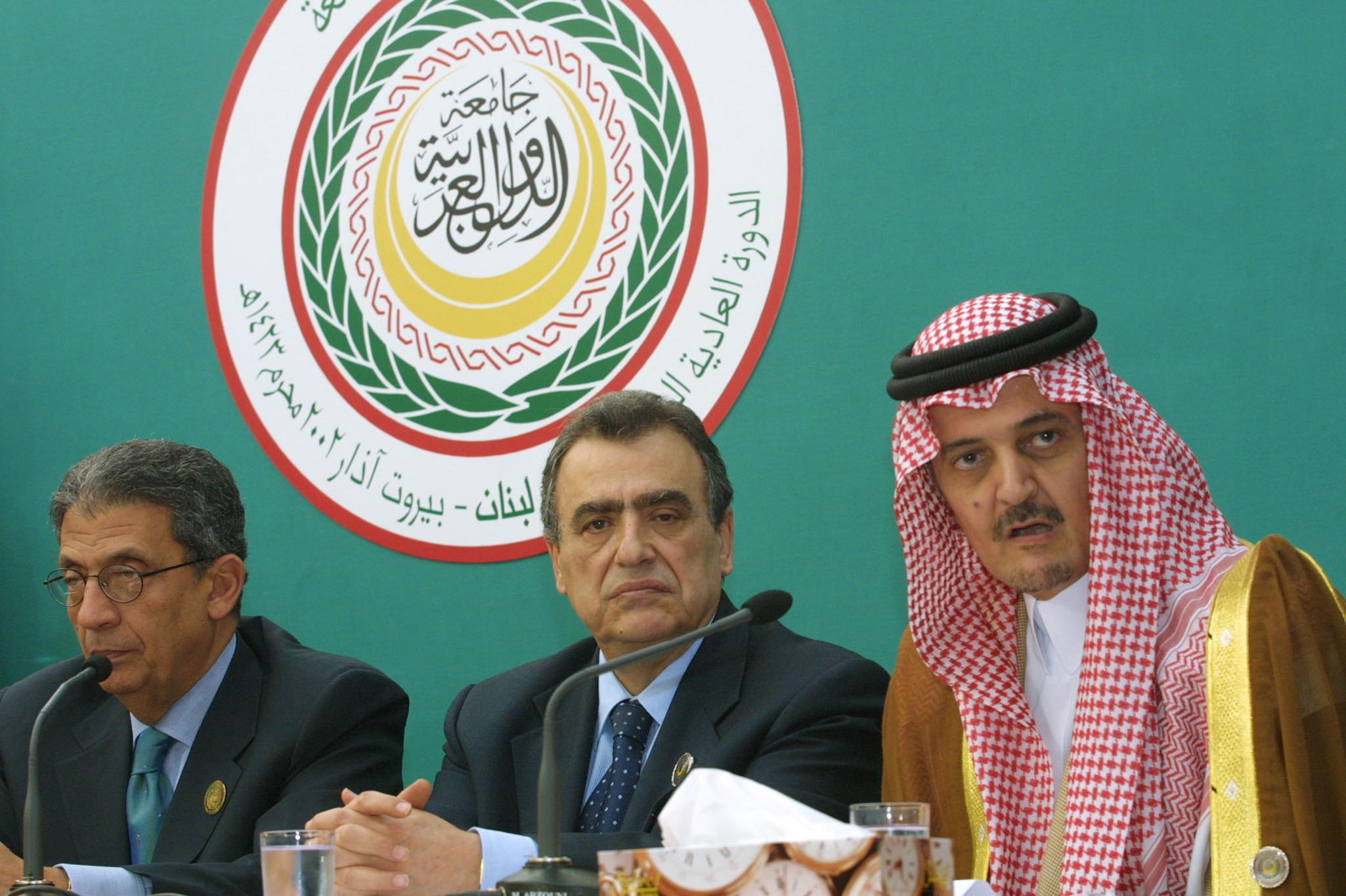 PHOTO: Saudi Arabia's Foreign Minister Prince Saud al-Faisal, far right, shown with Lebanese Foreign Minister Mahmoud Hammud,center, and Secretary General of the Arab League Amr Mussa, March 28, 2002, in Beirut, Lebanon. 