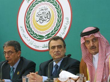PHOTO: Saudi Arabias Foreign Minister Prince Saud al-Faisal, far right, shown with Lebanese Foreign Minister Mahmoud Hammud,center, and Secretary General of the Arab League Amr Mussa, March 28, 2002, in Beirut, Lebanon.
