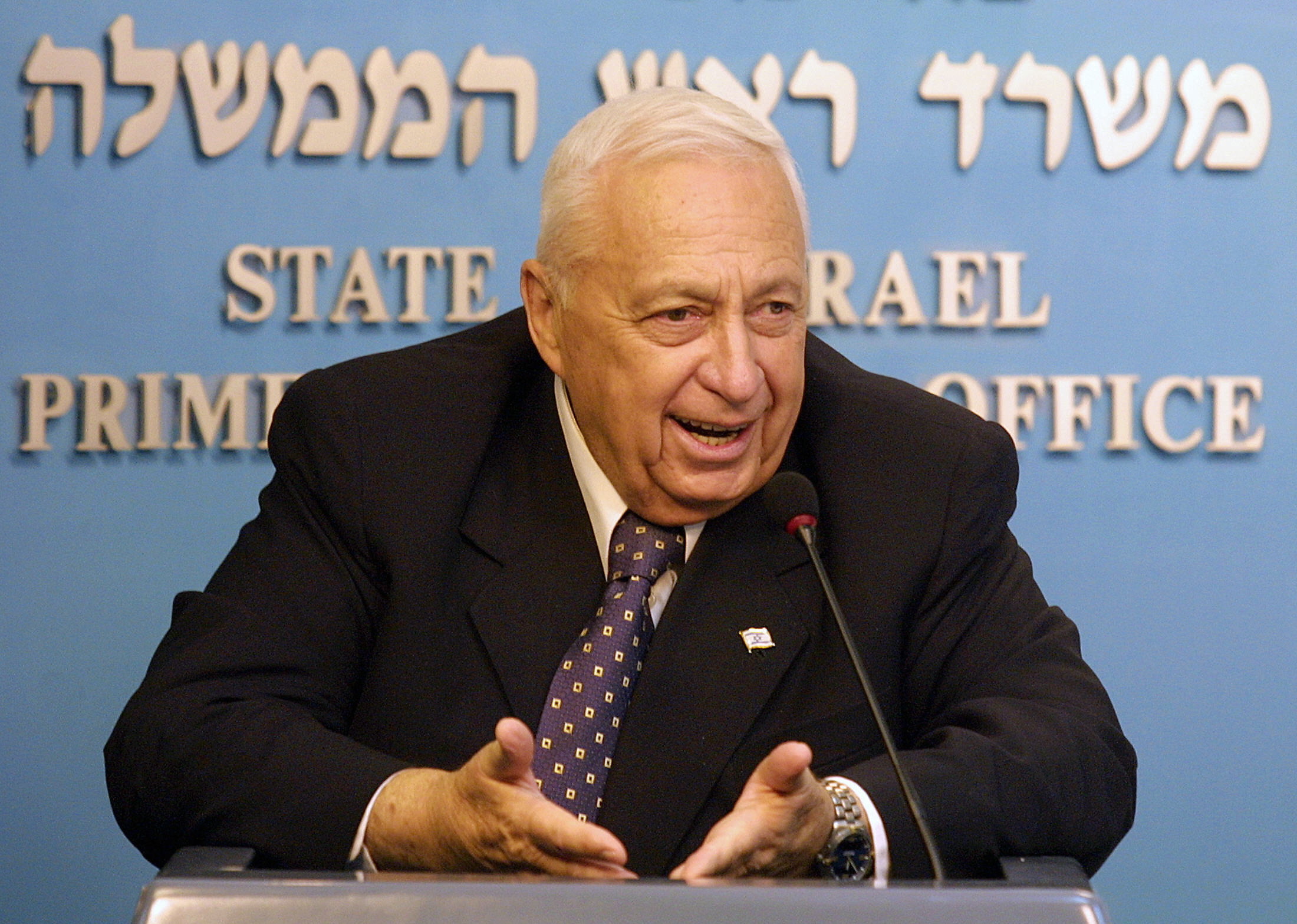 PHOTO:  Israeli Prime Minister Ariel Sharon speaks from his Jerusalem office May 5, 2003. Israel's parliament, the Knesset, interrupted its holiday to hold a special session on the international 'roadmap' for the Middle East. 