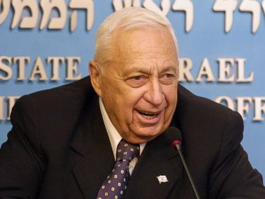 PHOTO: Israeli Prime Minister Ariel Sharon speaks from his Jerusalem office May 5, 2003. Israels parliament, the Knesset, interrupted its holiday to hold a special session on the international roadmap for the Middle East.