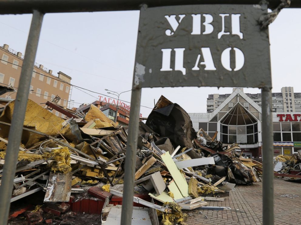 The site of demolished kiosks and shops near Marksistskaya metro station in Moscow, Feb. 10, 2016. The kiosks were demolished overnight by the Moscow government using bulldozers.