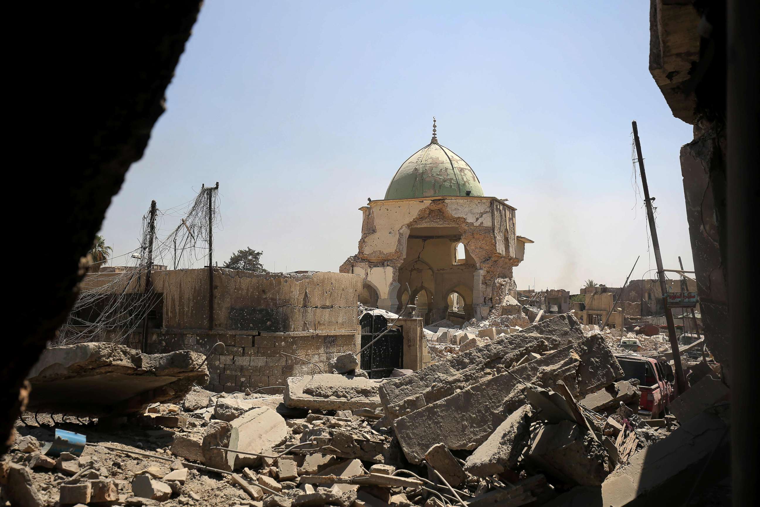 PHOTO: A destroyed Al-Nuri Mosque in the Old City of Mosul, during the ongoing offensive to retake the area from Islamic State (IS) group fighters, on June 29, 2017. 