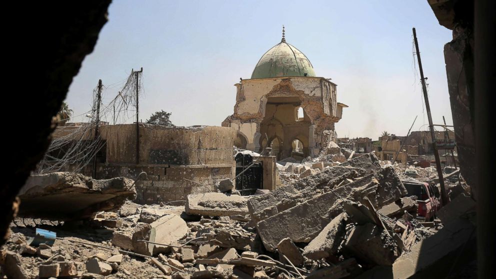 PHOTO: A destroyed Al-Nuri Mosque in the Old City of Mosul, during the ongoing offensive to retake the area from Islamic State (IS) group fighters, on June 29, 2017. 