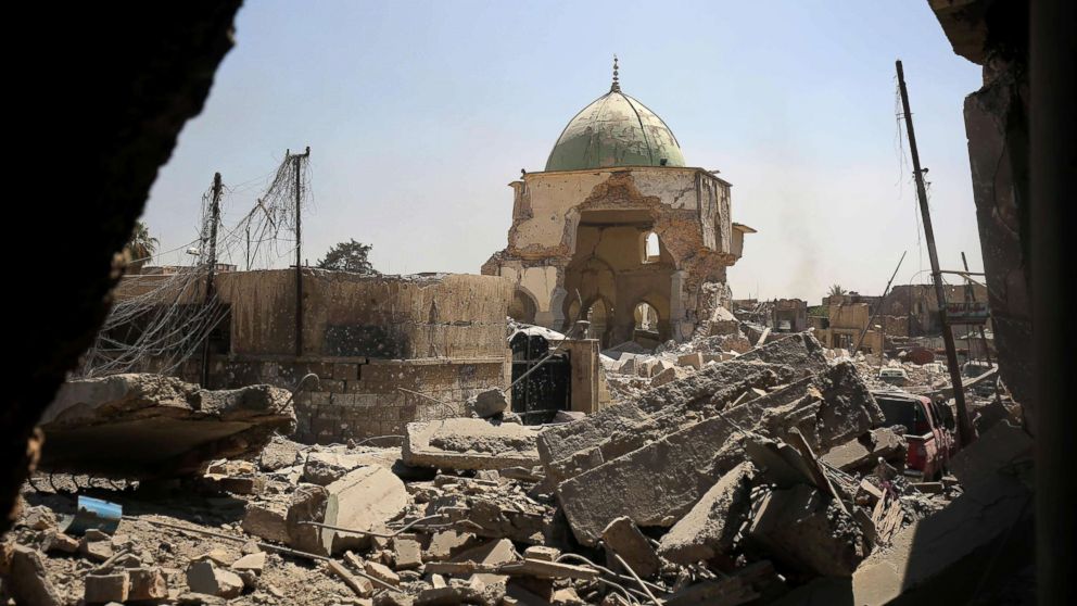 A destroyed Al-Nuri Mosque in the Old City of Mosul, during the ongoing offensive to retake the area from Islamic State (IS) group fighters, on June 29, 2017. 
