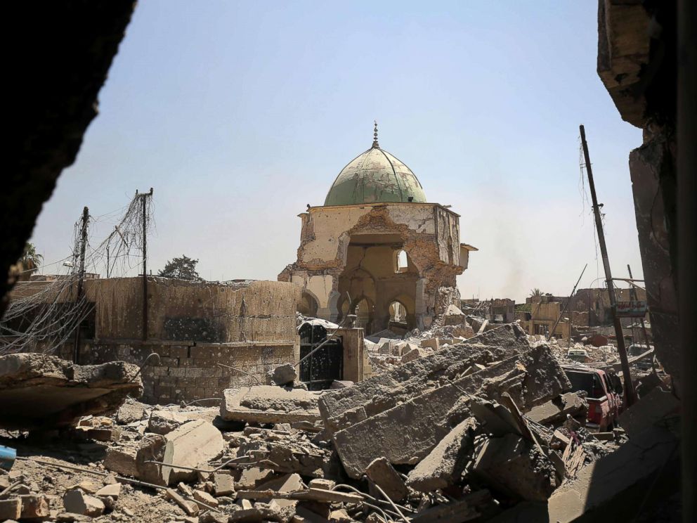 PHOTO: A destroyed Al-Nuri Mosque in the Old City of Mosul, during the ongoing offensive to retake the area from Islamic State (IS) group fighters, on June 29, 2017.