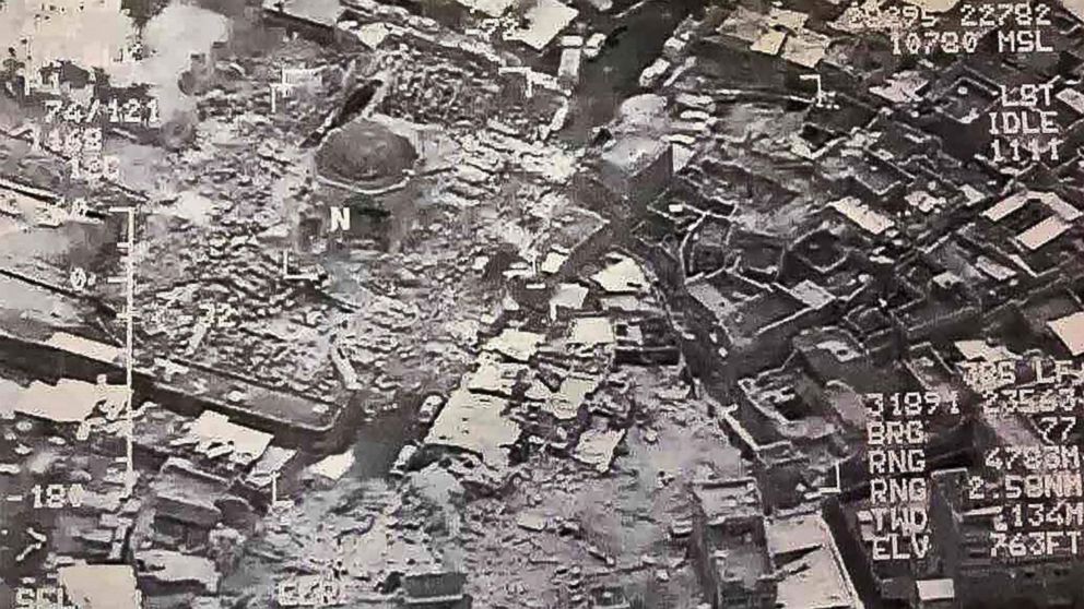PHOTO: An aerial view purportedly shows destruction inside the Great Mosque of al-Nuri in Mosul, Iraq, June 21, 2017.