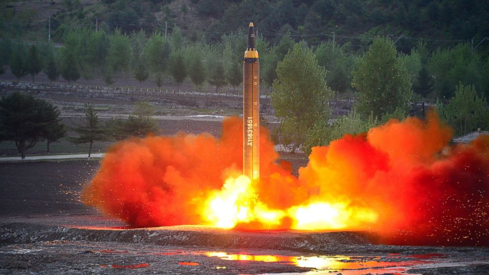 PHOTO: This picture taken on May 14, 2017 and released from North Korea's official Korean Central News Agency (KCNA) on May 15 shows a test launch of the ground-to-ground medium long-range strategic ballistic rocket Hwasong-12 at an undisclosed location. 