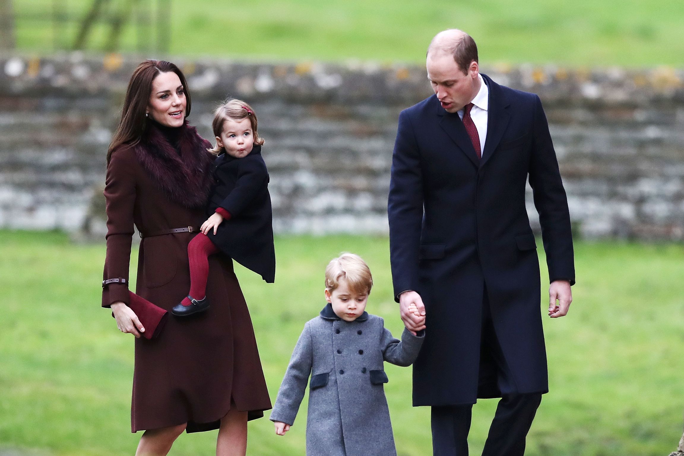 PHOTO: Britain's Prince William, right, Duke of Cambridge and Catherine, Duchess of Cambridge arrive with Prince George, center,  and Princess Charlotte to attend a Christmas Day service at St Mark's Church in Englefield on Dec. 25, 2016. 