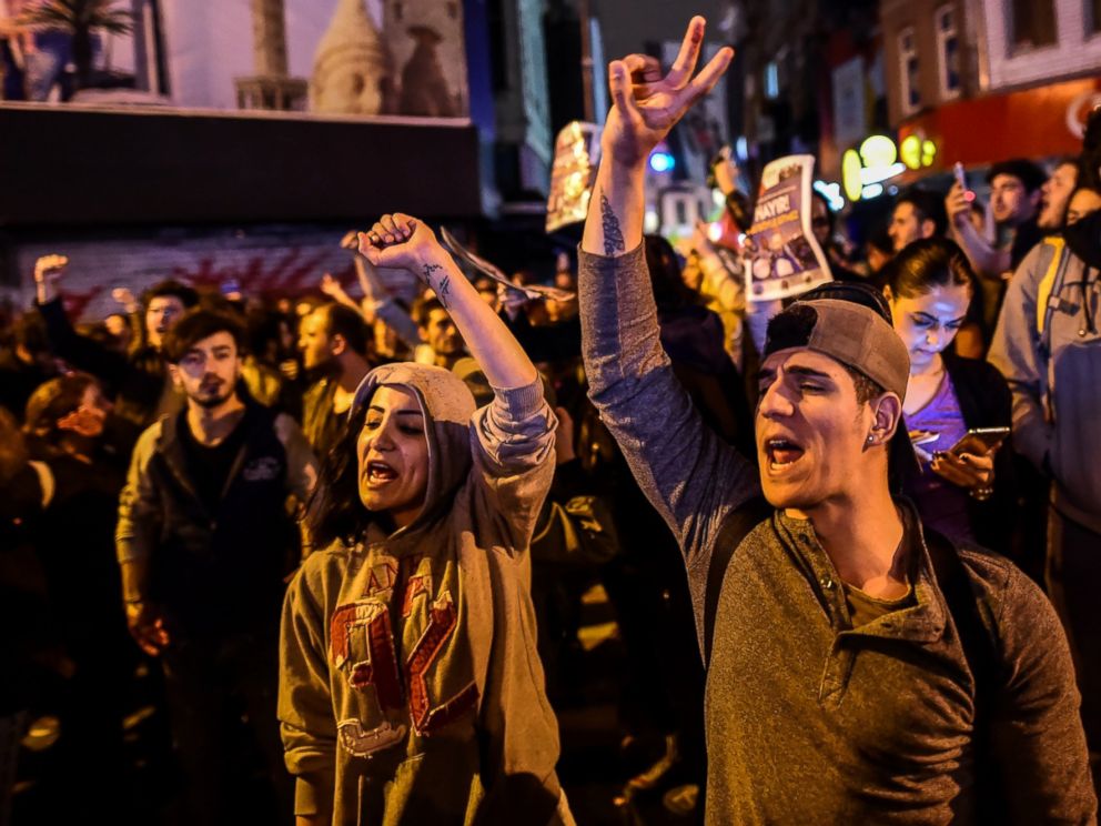 PHOTO: Supporters of No protest after the results of a nationwide constitutional referendum, April 16, 2017, is Instanbul. President Recep Tayyip Erdogan claimed victory in the vote to expand his powers.