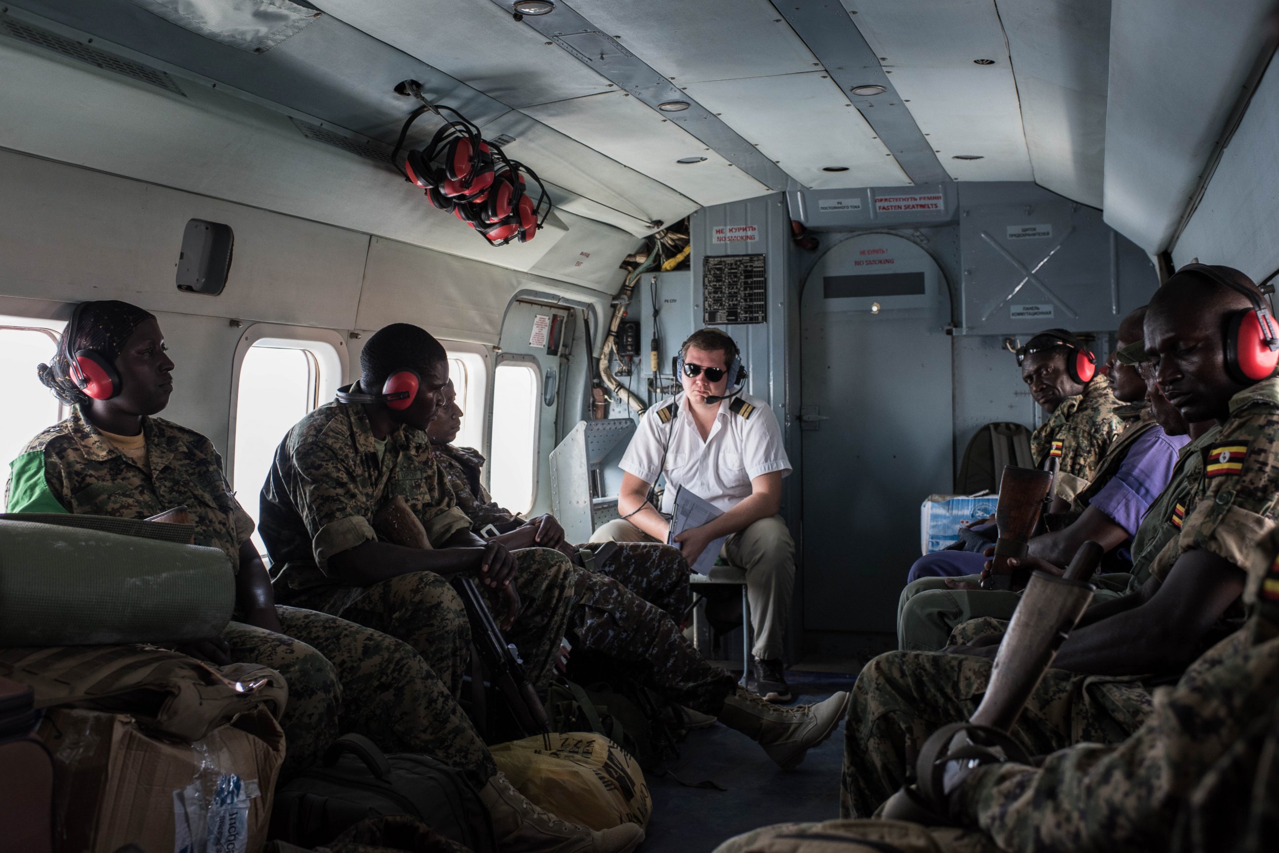 PHOTO: Members of the Uganda People's Defense Force (UPDF) serving in the African Union Mission in Somalia (AMISOM) travel in an United Nations helicopter on Oct. 10, 2016, departing from Mogadishu, Somalia. 