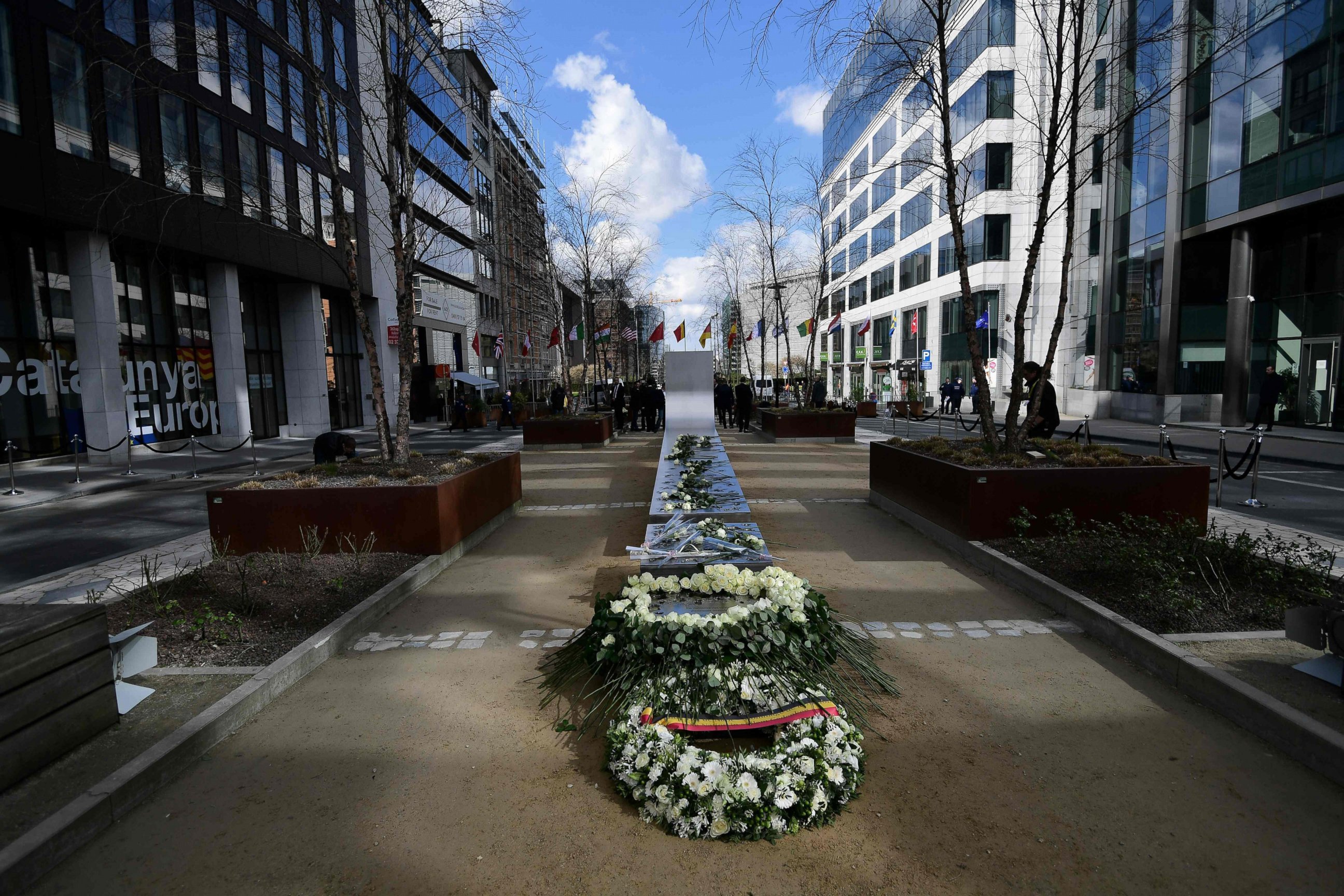 PHOTO: Wreaths are laid during the inauguration of a steel memorial by Belgian sculptor Jean-Henri Compere in Brussels as the country marks the first anniversary of the twin Brussels attacks, March 22, 2017.