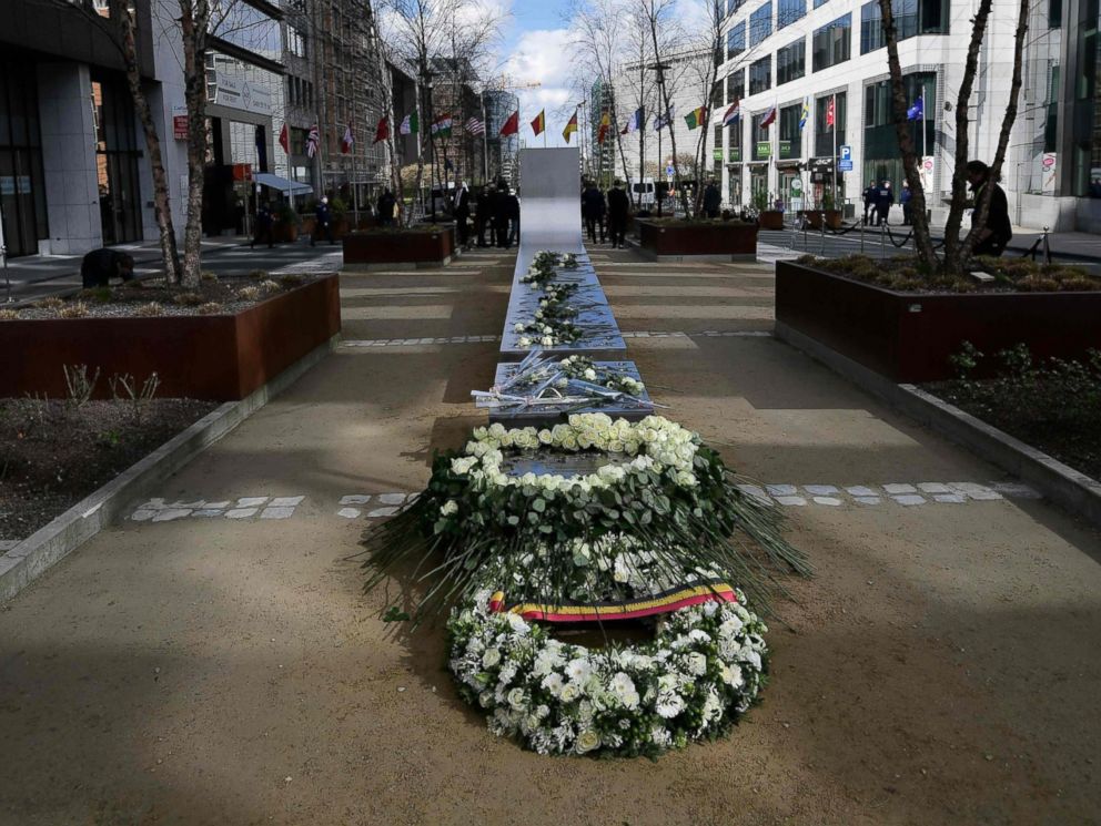 PHOTO: Wreaths are laid during the inauguration of a steel memorial by Belgian sculptor Jean-Henri Compere in Brussels as the country marks the first anniversary of the twin Brussels attacks, March 22, 2017.