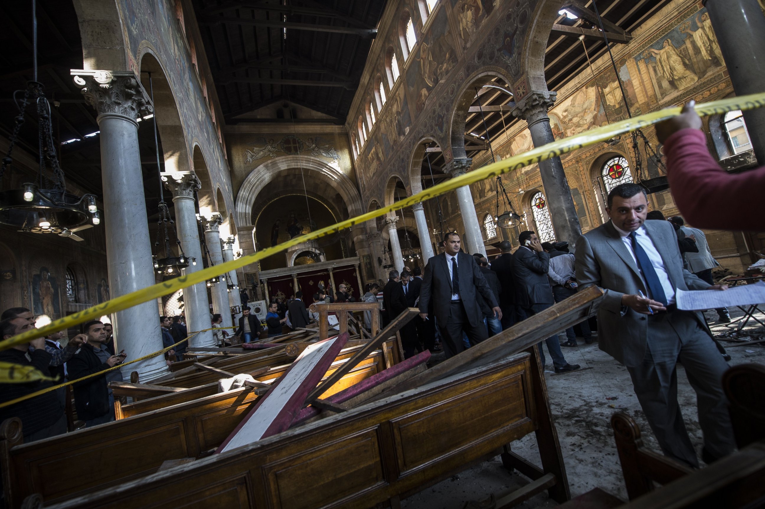 PHOTO: Egyptian security forces inspect the scene of a bomb explosion at the Saint Peter and Saint Paul Coptic Orthodox Church, Dec. 11, 2016, in Cairo's Abbasiya neighborhood.