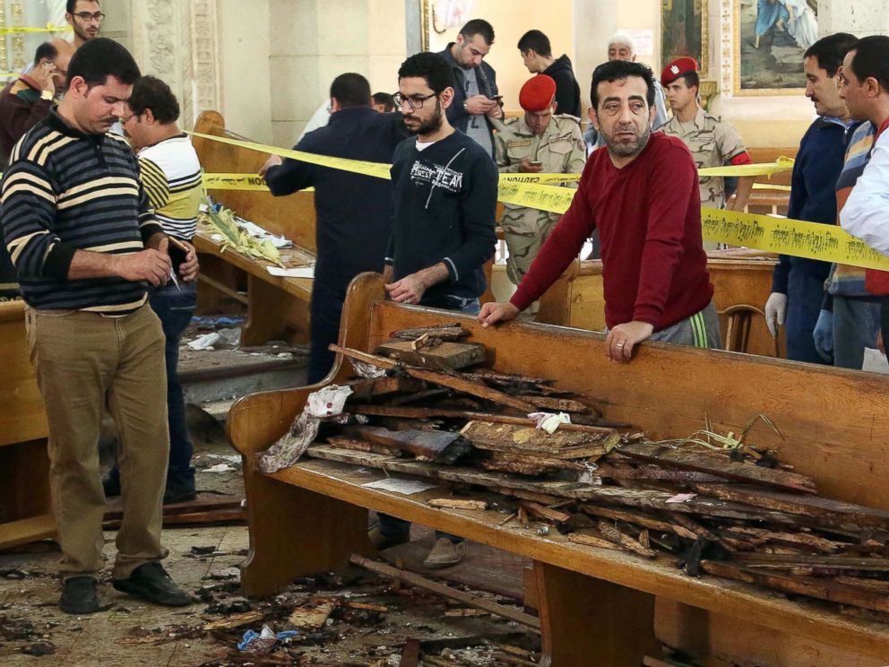 PHOTO: A general view shows forensics collecting evidence at the site of a bomb blast which struck worshippers gathering to celebrate Palm Sunday at the Mar Girgis Coptic Church in the Nile Delta City of Tanta, 75 miles north of Cairo, April 9, 2017.