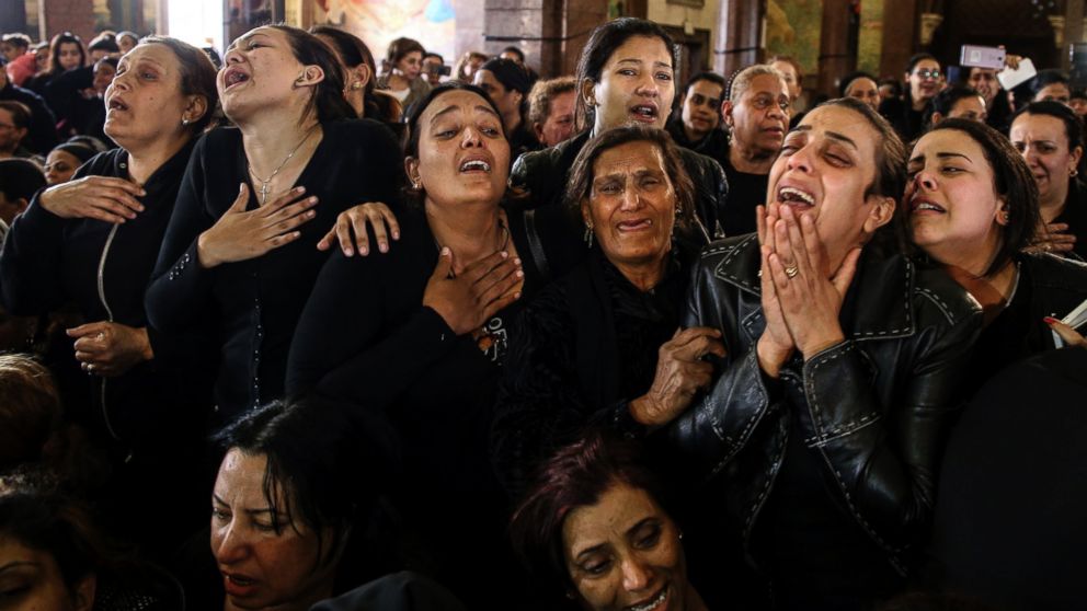 PHOTO: Women cry during the funeral for those killed in a Palm Sunday church attack in Alexandria Egypt, at the Mar Amina church, April 10, 2017. 