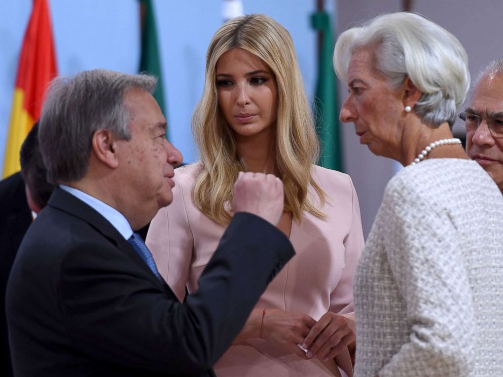 PHOTO: Ivanka Trump talks with Christine Lagarde, right, and Antonio Guterres during the panel discussion "Launch Event Women's Entrepreneur Finance Initiative"at the G20 Summit in Hamburg, Germany, July 8, 2017.