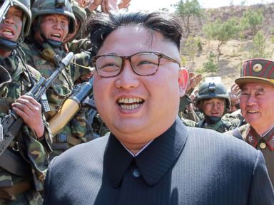 North Korean leader Kim Jong-Un is pictured inspecting the Dropping and Target-striking Contest of KPA Special Operation Forces - 2017 at an undisclosed location in North Korea, in this undated photo released April 14, 2017.