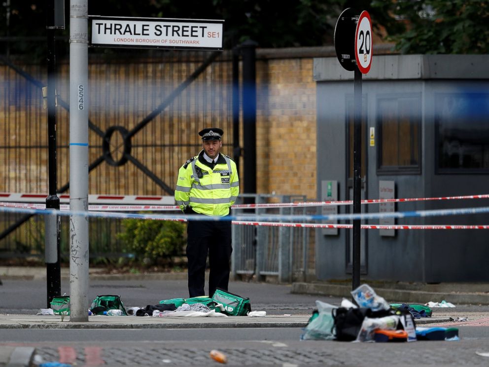 PHOTO: A police officer stands behind discarded medical equipment near Borough Market after an attack left 7 people dead and dozens injured in London, June 4, 2017. 