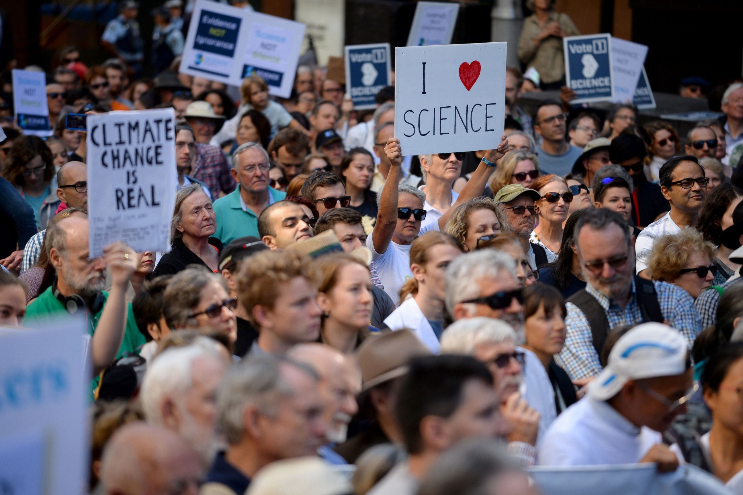 PHOTO: Supporters of science and research gather for the March for Science protest in Sydney, April 22, 2017. 
