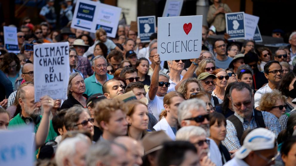PHOTO: Supporters of science and research gather for the March for Science protest in Sydney, April 22, 2017. 
