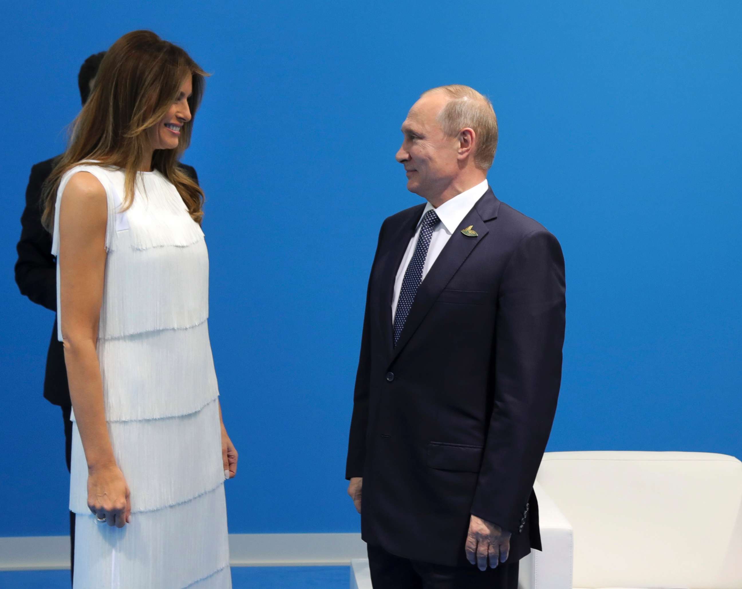 PHOTO: Russian President Vladimir Putin greets first lady Melania Trump during the G20 summit in Hamburg Germany, July 7, 2017.
