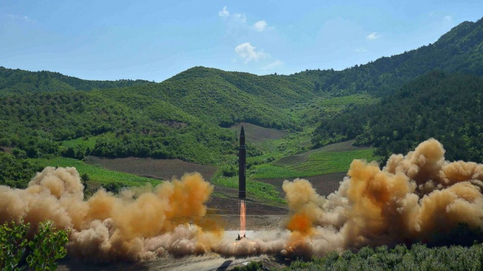 This picture taken and released on July 4, 2017 by North Korea's official Korean Central News Agency (KCNA) shows the test-fire of the intercontinental ballistic missile Hwasong-14 at an undisclosed location.


