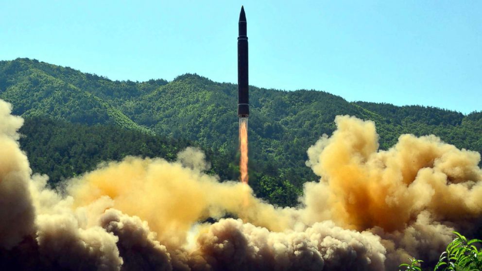 This picture taken on July 4, 2017 and released by North Korea's official Korean Central News Agency (KCNA) on July 5, 2017 shows the successful test-fire of the intercontinental ballistic missile Hwasong-14 at an undisclosed location.