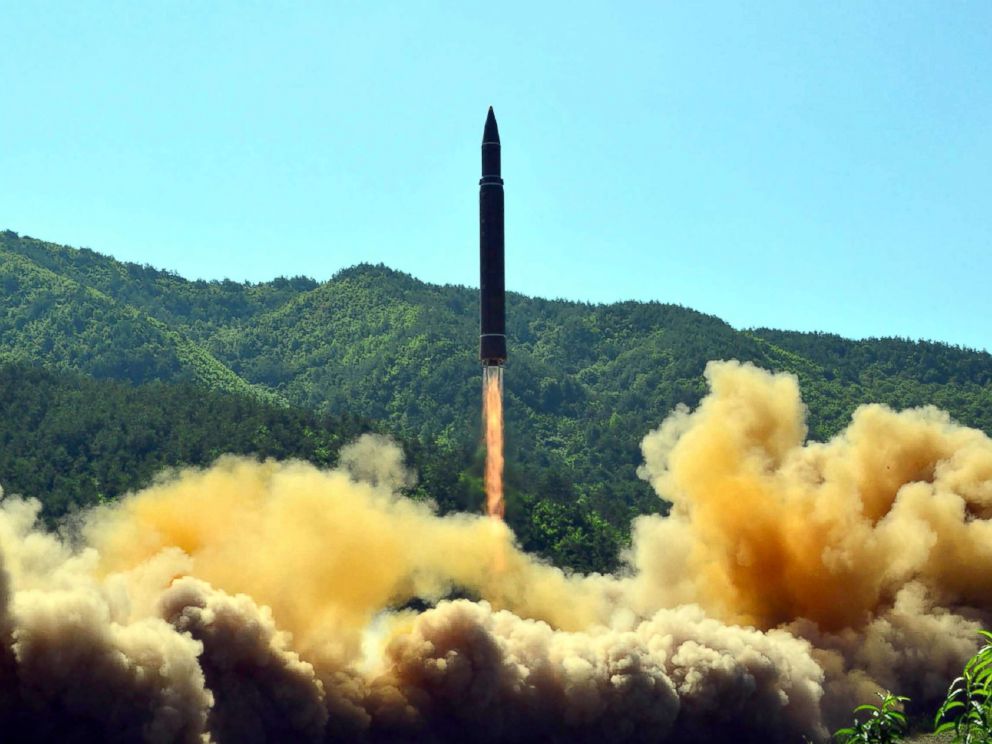 PHOTO: This picture taken on July 4, 2017 and released by North Koreas official Korean Central News Agency (KCNA) on July 5, 2017 shows the successful test-fire of the intercontinental ballistic missile Hwasong-14 at an undisclosed location.
