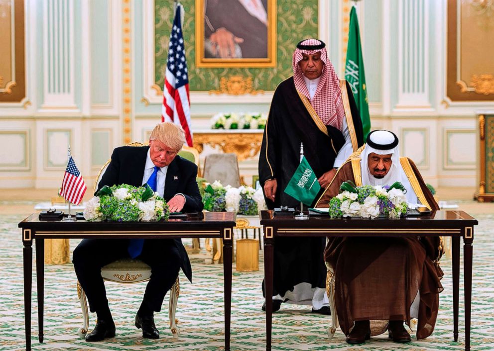 PHOTO: A handout picture provided by the Saudi Royal Palace on May 20, 2017, shows President Donald Trump (L) and Saudi Arabia's King Salman bin Abdulaziz al-Saud attending a signing ceremony at the Saudi Royal Court in Riyadh.
