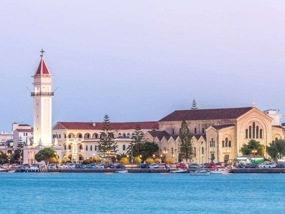 PHOTO: Zakynthos town and harbor in Greece is pictured at dusk in this undated stock photo.